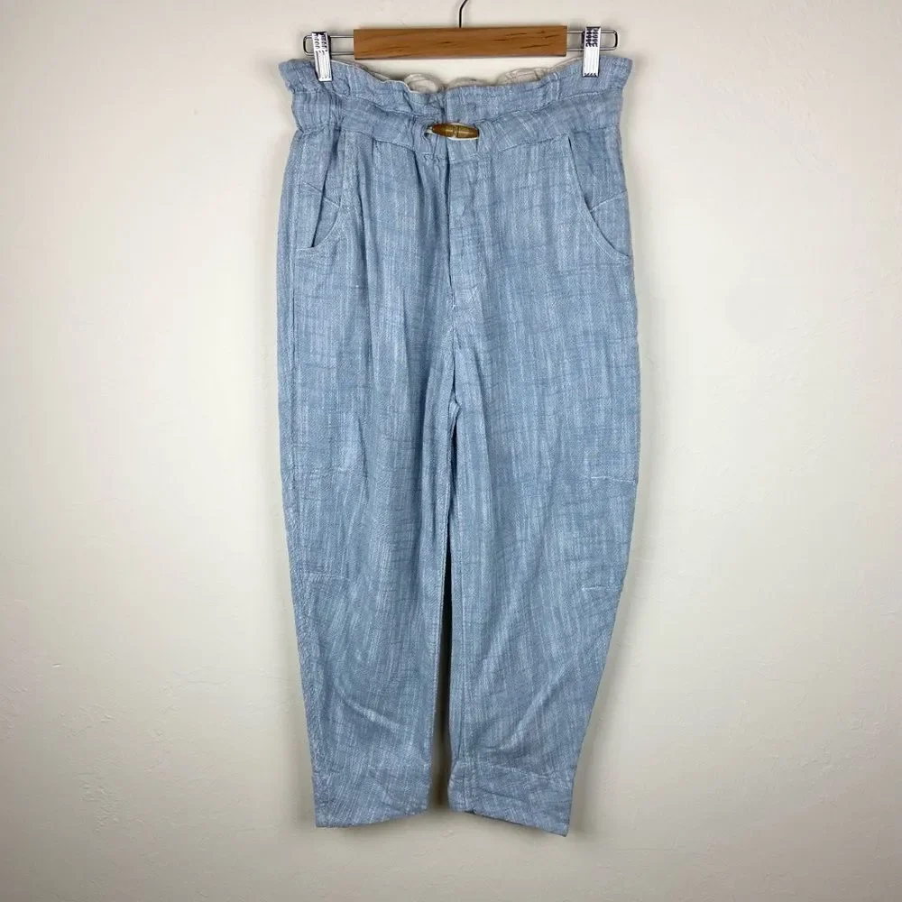 Free People Paradise Linen-Blend Chambray Ankle Pant - Light Blue